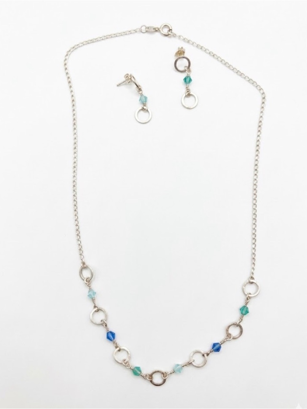 Silver, Blue and Teal Circle Link Necklace and Earring Set